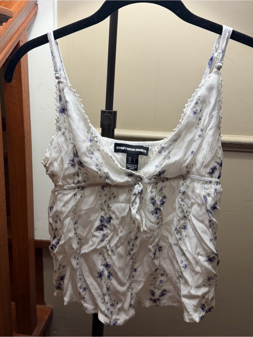 Streetwear Society White Cami with Purple Floral Print and Tie Front